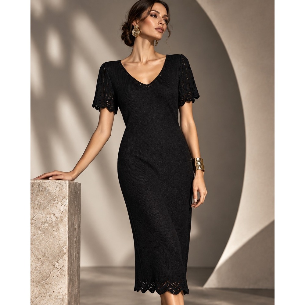 St. John Evening Marie Gray Black Santana Knit Sequin Pointelle Dress 10